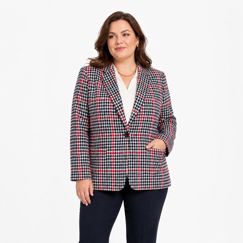 Pendleton Houndstooth Plaid Wool Blazer 22W Red Navy Vintage‎ Academia Americana